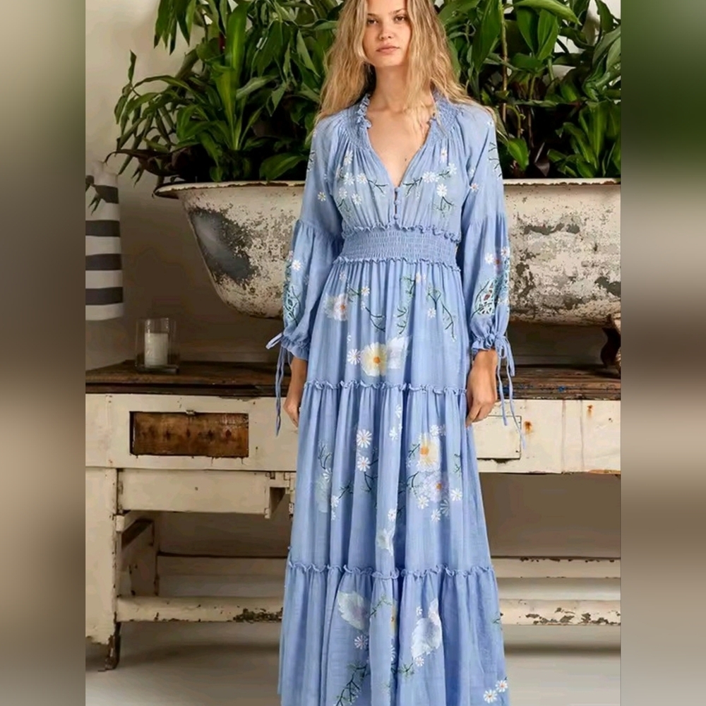 Chic Blue Floral Long Sleeve Dress - Picture 4 of 16